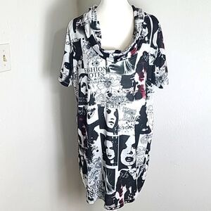 Lane Bryant Black & White Pop Fashion Print Tunic Top, Cowl Neckline, Size 14/16